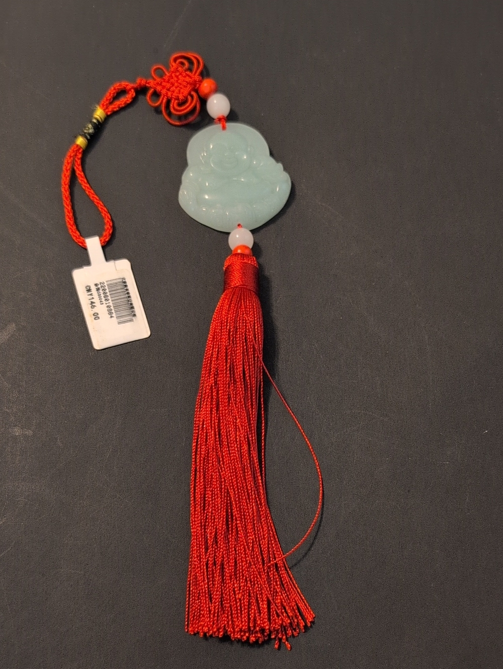 Jade Laughing Buddha Tassel - Red and Light Green